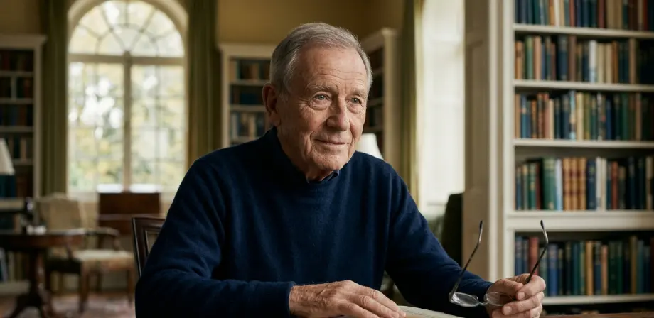 An older man in a navy sweater sits at a desk holding eyeglasses, surrounded by bookshelves in a well-lit library or study room.