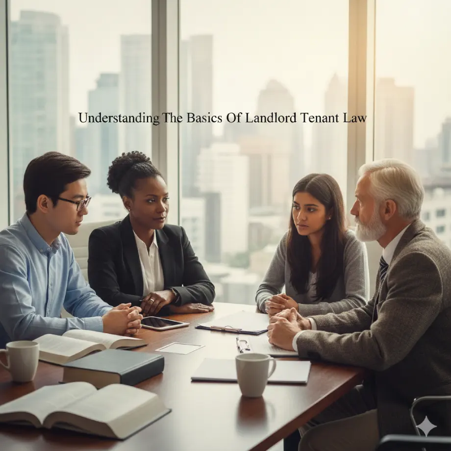 Four people sit at a conference table with open books, discussing landlord-tenant law in an office with large windows and a city view.