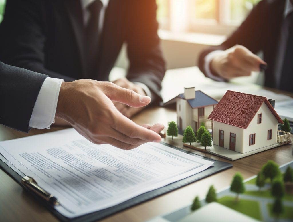 Two people in business attire discuss real estate documents at a table with model houses and paperwork, highlighting the cost of avoiding estate planning in a professional office setting.